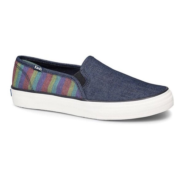 Keds Shoes Womens 8.5 Double Decker Stripe Denim Slip On Sneaker Preppy Nautical - Picture 1 of 10